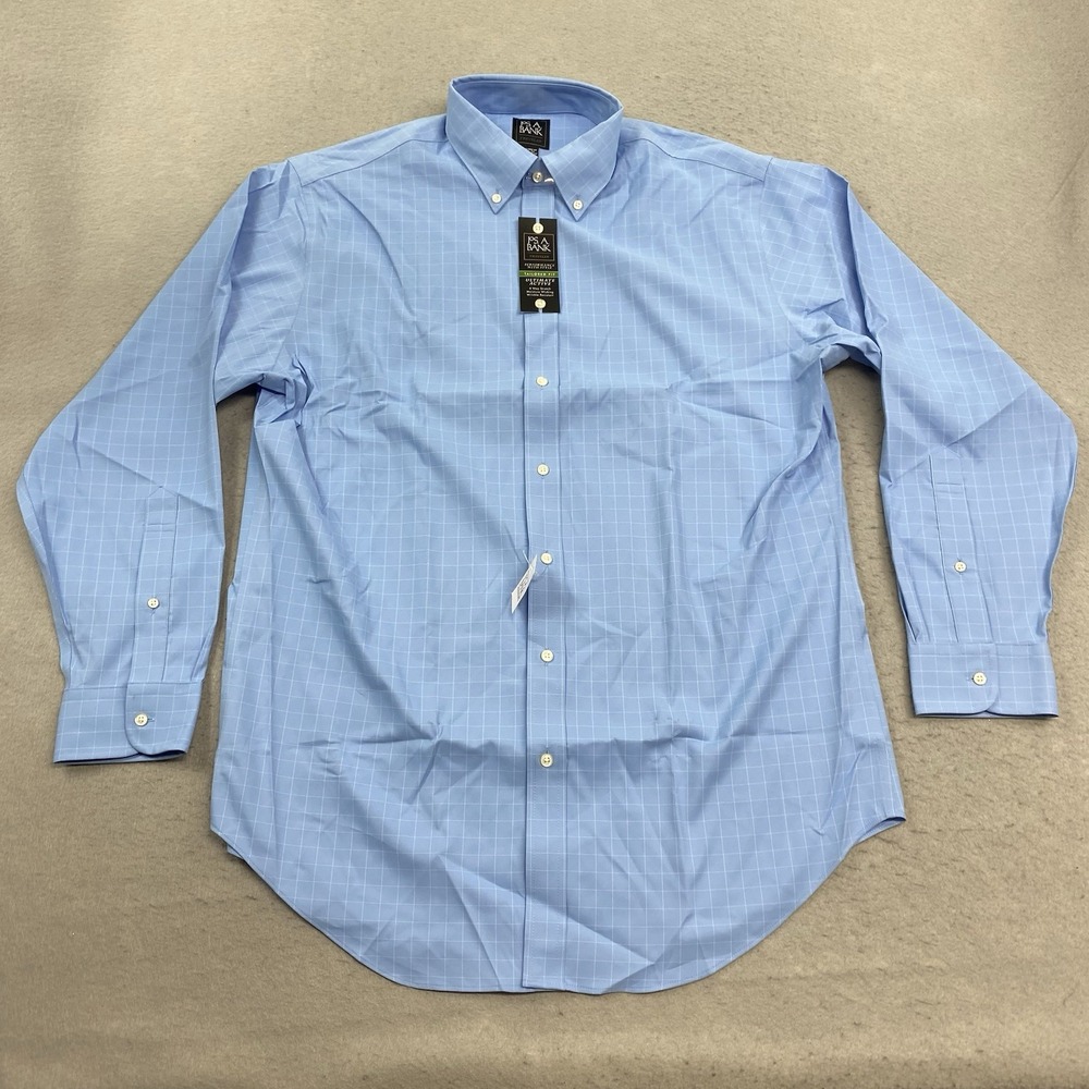 Jos A Bank Traveler Shirt Mens 16.5 Blue Tailored Fit Performance Windowpane